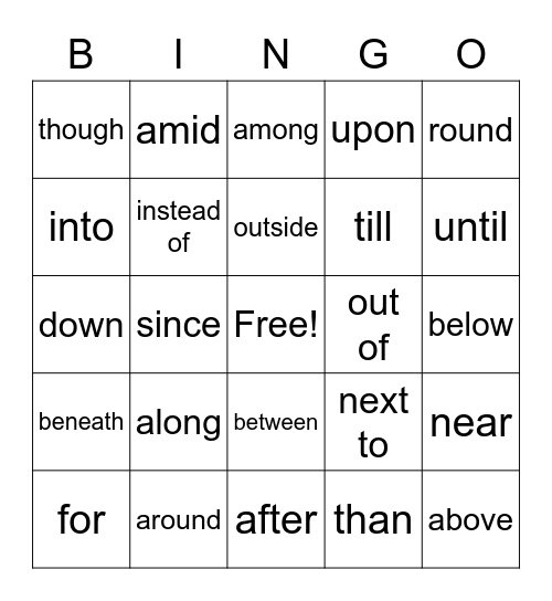 Preposition Bingo Card