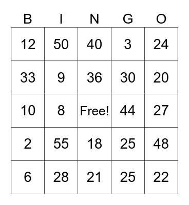 Multiplication Bingo Card