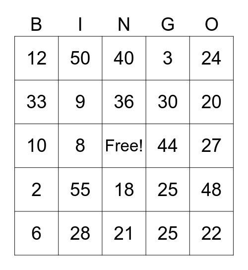 Multiplication Bingo Card
