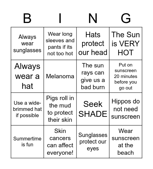 Sun Safety Bingo Card