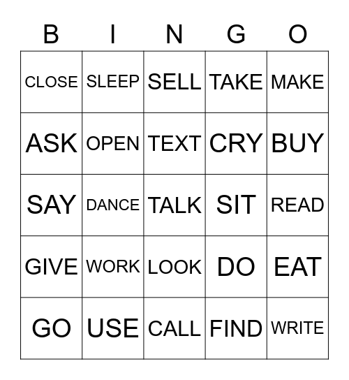 Verbs Bingo Card