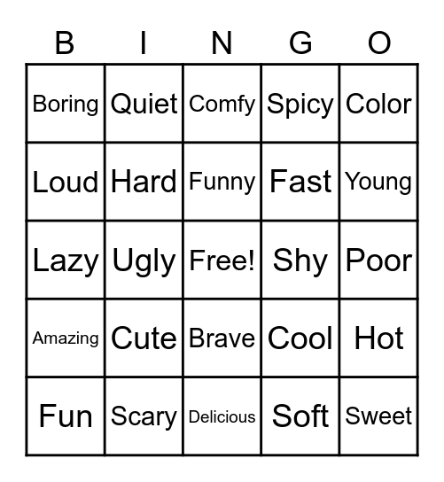 adjectives Bingo Card