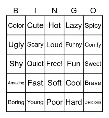 adjectives Bingo Card