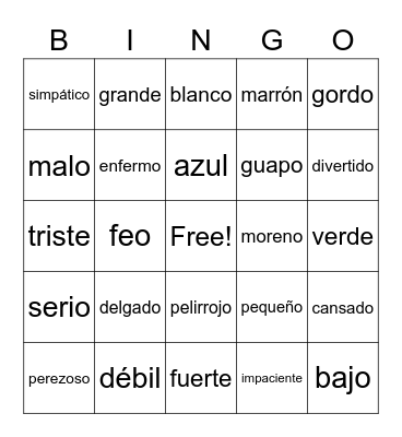 Spanish adjectives Bingo Card