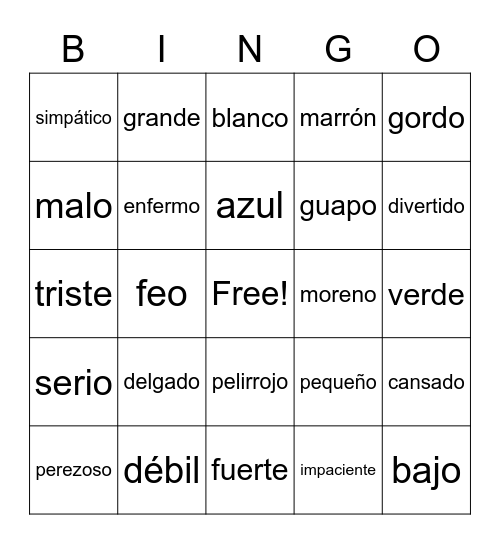 Spanish adjectives Bingo Card