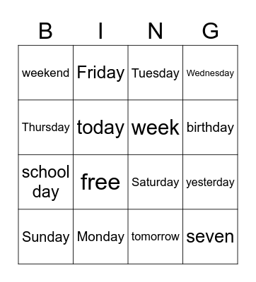 Days of the week Bingo Card