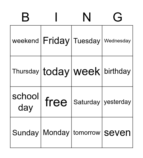 Days of the week Bingo Card