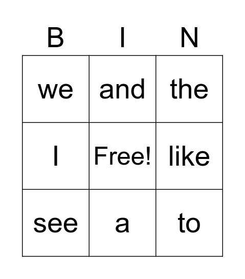 Sight Words 1 Bingo Card