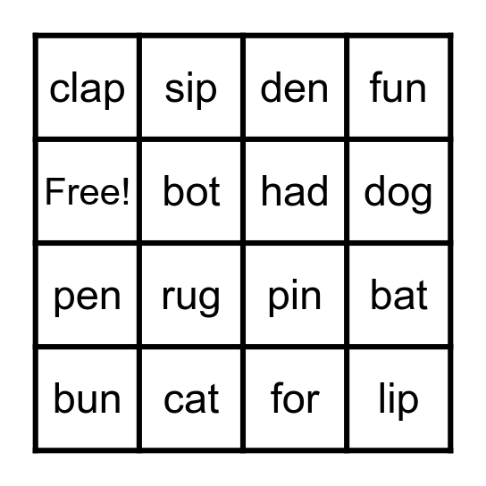 Short Vowels Bingo Card