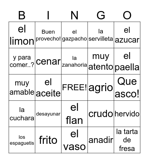 Vocabulario Unidad 5 Bingo Card