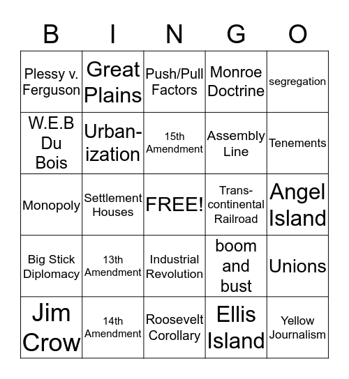 History from 1865-1898 Bingo Card