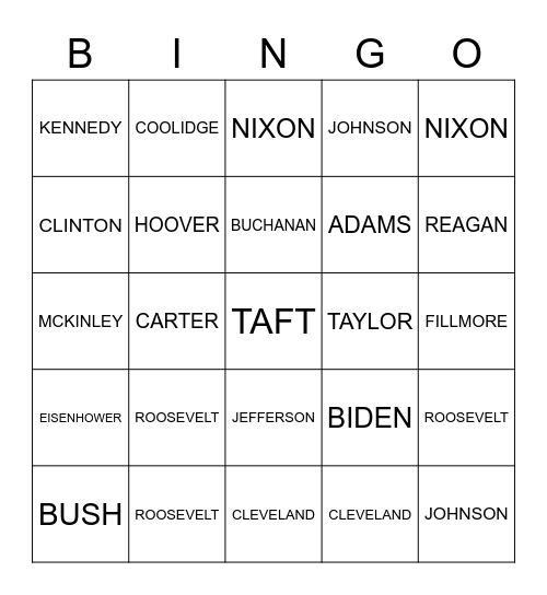 US Presidents Bingo Card
