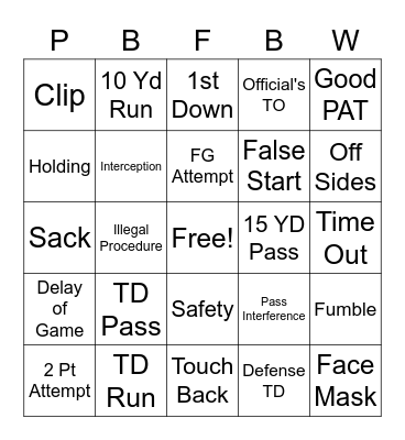 Press Box Football Bingo Card