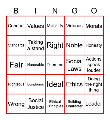 Longhorns Leadership - Ethics Bingo Card