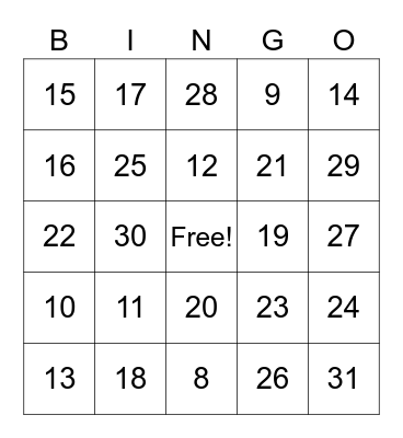 Number BIngo Card