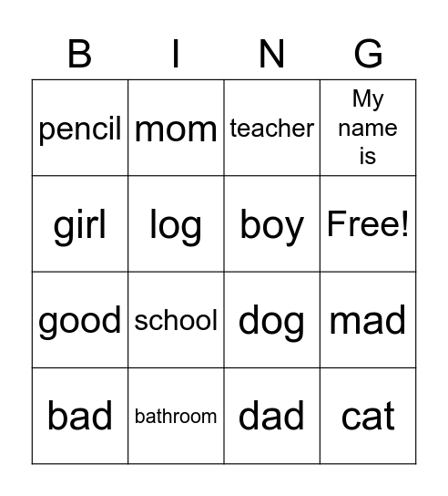 Vocabulary Bingo Card