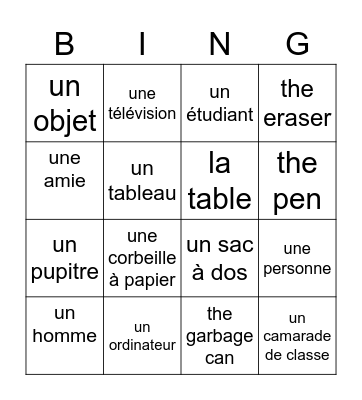 French Classroom Objects(NGMS) Bingo Card