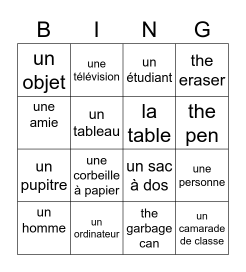 French Classroom Objects(NGMS) Bingo Card