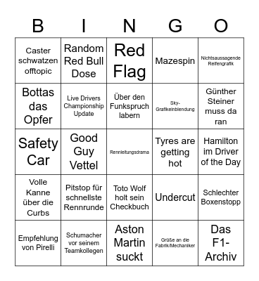 Formel 1 Bingo Spezial Bingo Card
