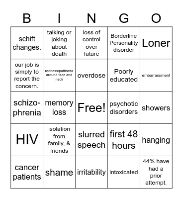 Suicide Awareness Bingo Card