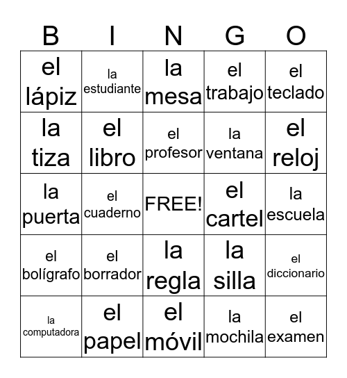 ¡Objectos de la Clase! Bingo Card