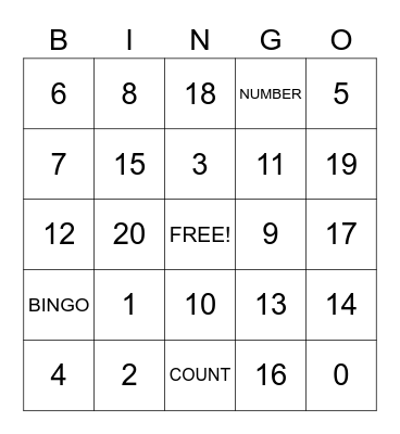 Counting from 0-20 BINGO Card