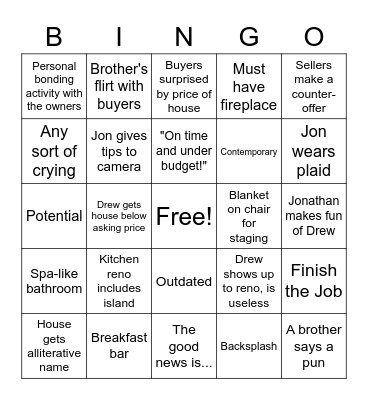 Property Brothers Bingo Card