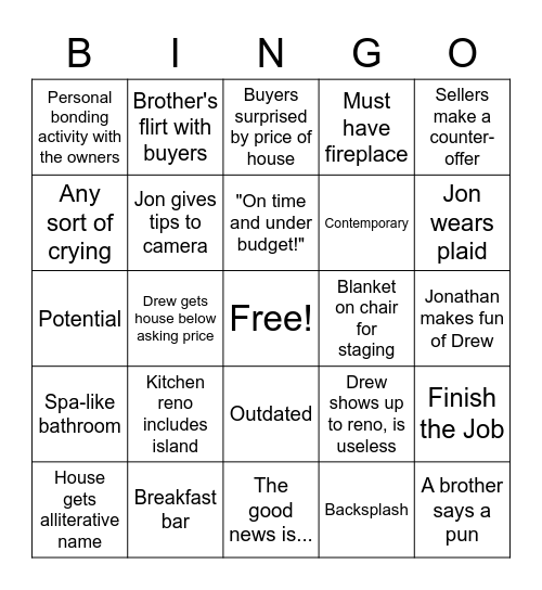 Property Brothers Bingo Card