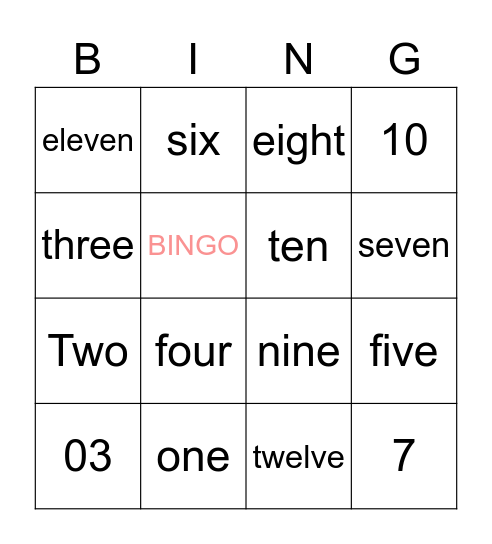 Numbers Bingo Card