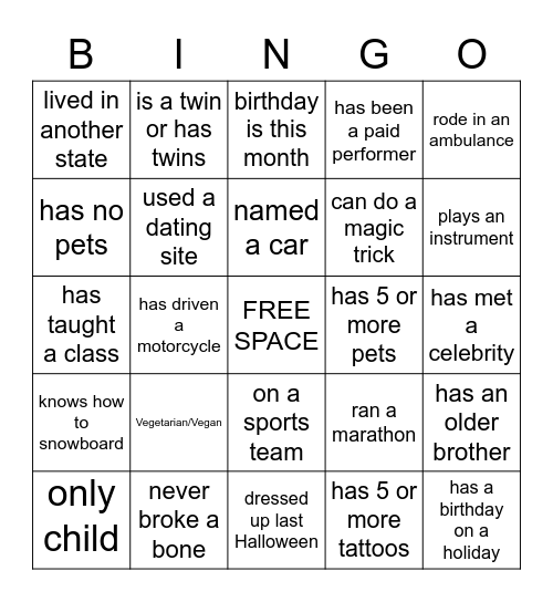 Getting to Know You Bingo Card