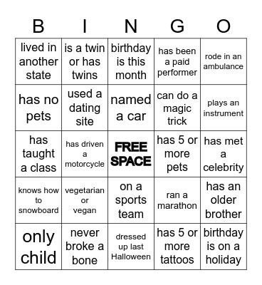 Getting To Know You Bingo Card