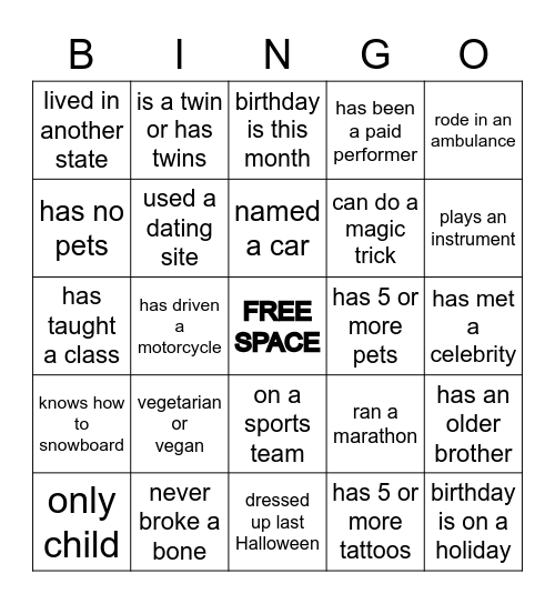 Getting To Know You Bingo Card