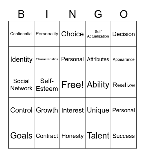 Key Words Review Bingo Card