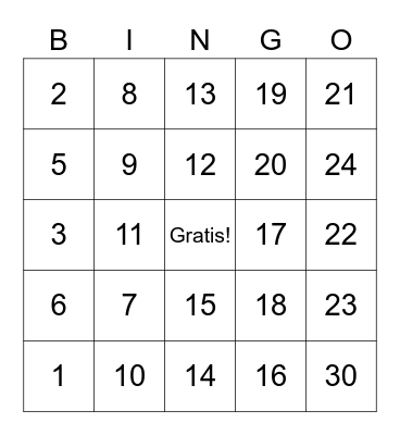 Numeros #1-30 Bingo Card