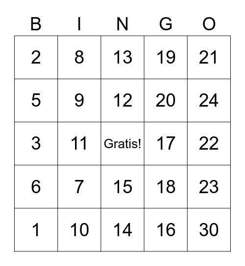 Numeros #1-30 Bingo Card