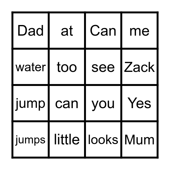 Splash! Bingo Card