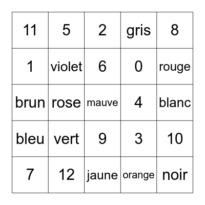 French Numbers and Colours Bingo Card