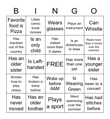 Middle School Bingo Card