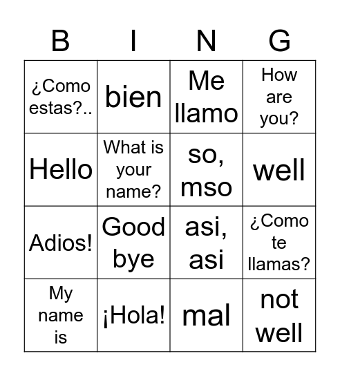 Introductions and Greetings Bingo Card