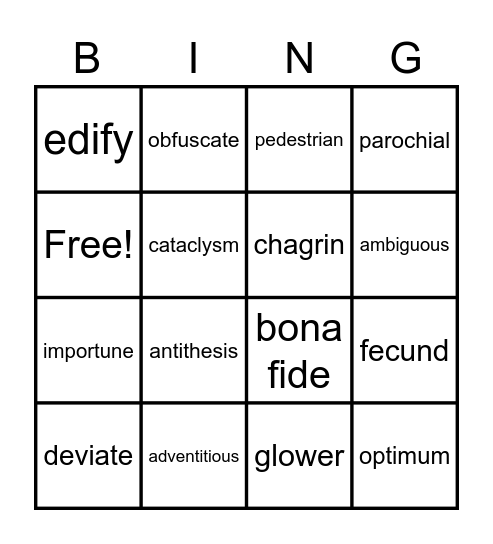 Vocabulary 3 Bingo Card