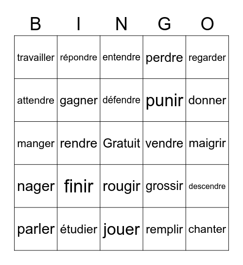 Les Verbes Bingo Card