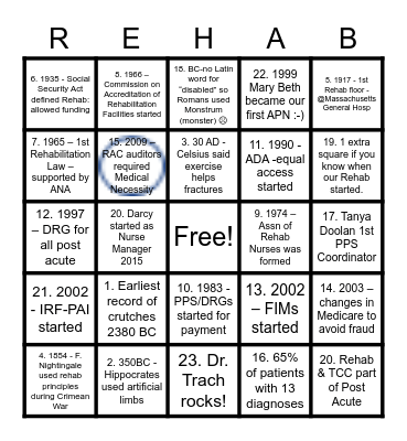 Rehab Fun Facts Bingo Card