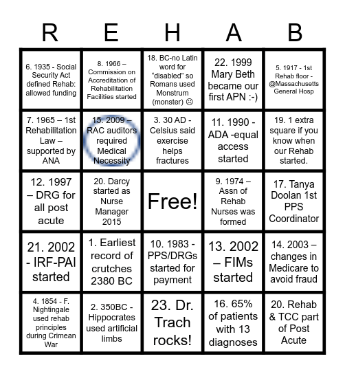 Rehab Fun Facts Bingo Card