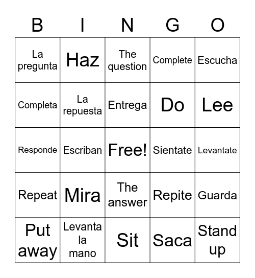 Classroom Commands Bingo Card