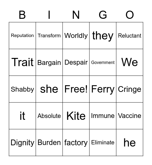 Vocabulary Review Bingo Card