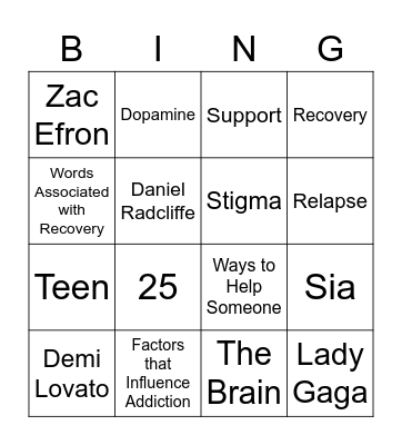 Recovery Month Bingo Card