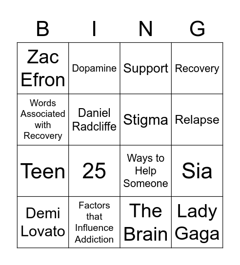 Recovery Month Bingo Card