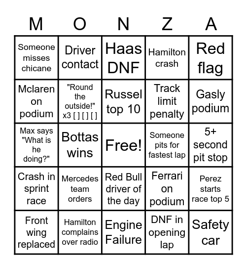 2021 F1 MONZA Bingo Card