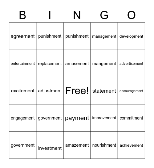 Words ending in the suffix -ment Bingo Card