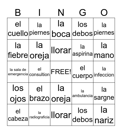 Vocabulary Game  Bingo Card